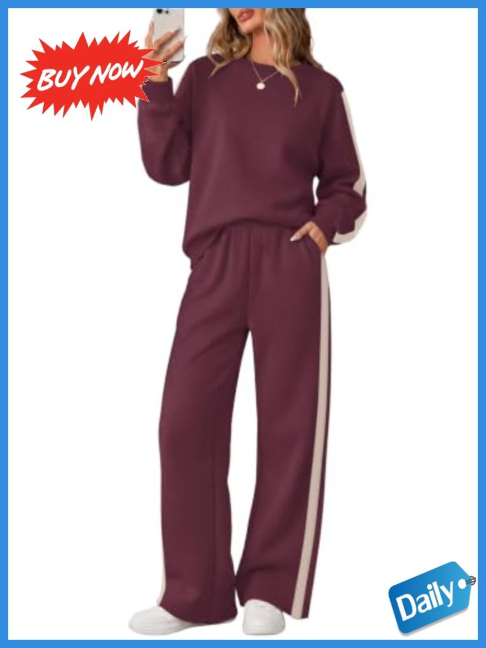 Wide Leg Sweatsuit Set Crewneck Pullover Fleece Lounge Athleisure